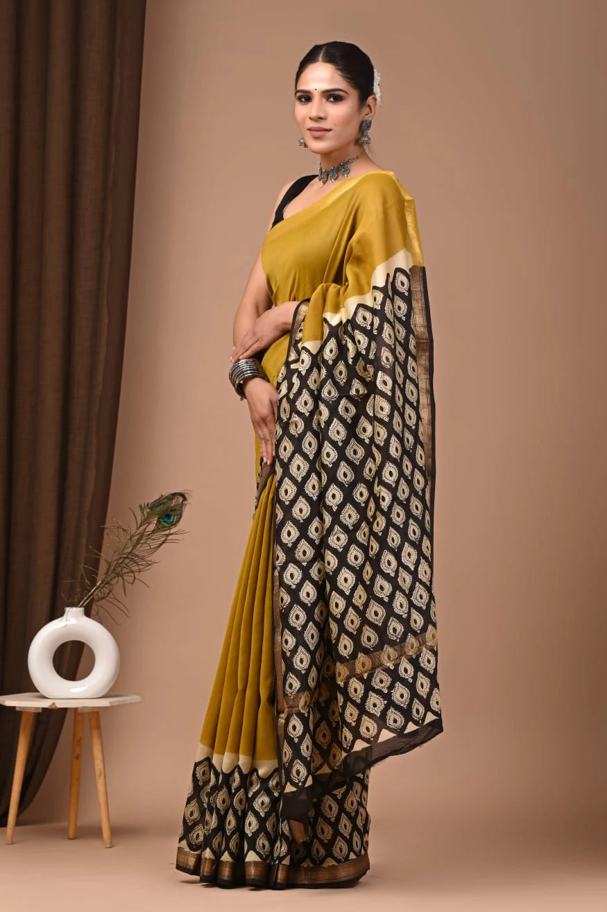 Mustard Noor – Hand Block Printed Maheshwari Silk Cotton Saree
