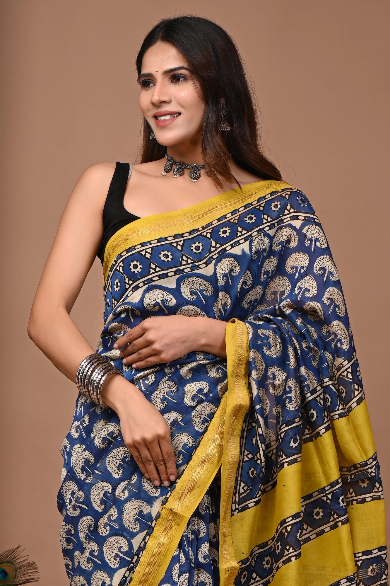 Neel Kamal – Hand Block Printed Maheshwari Silk Cotton Saree