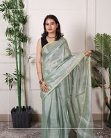 Pista Tara – Handwoven Tissue Linen Saree with Jamdani Motifs