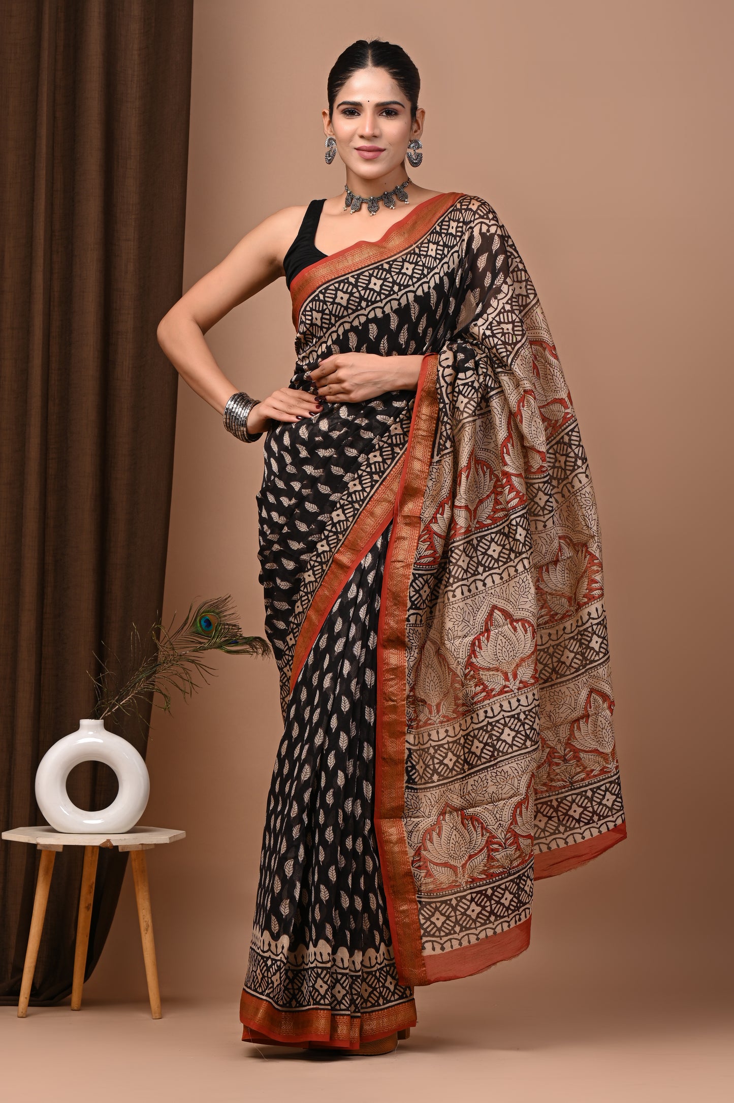 Kaalika – Hand Block Printed Maheshwari Silk Cotton Saree