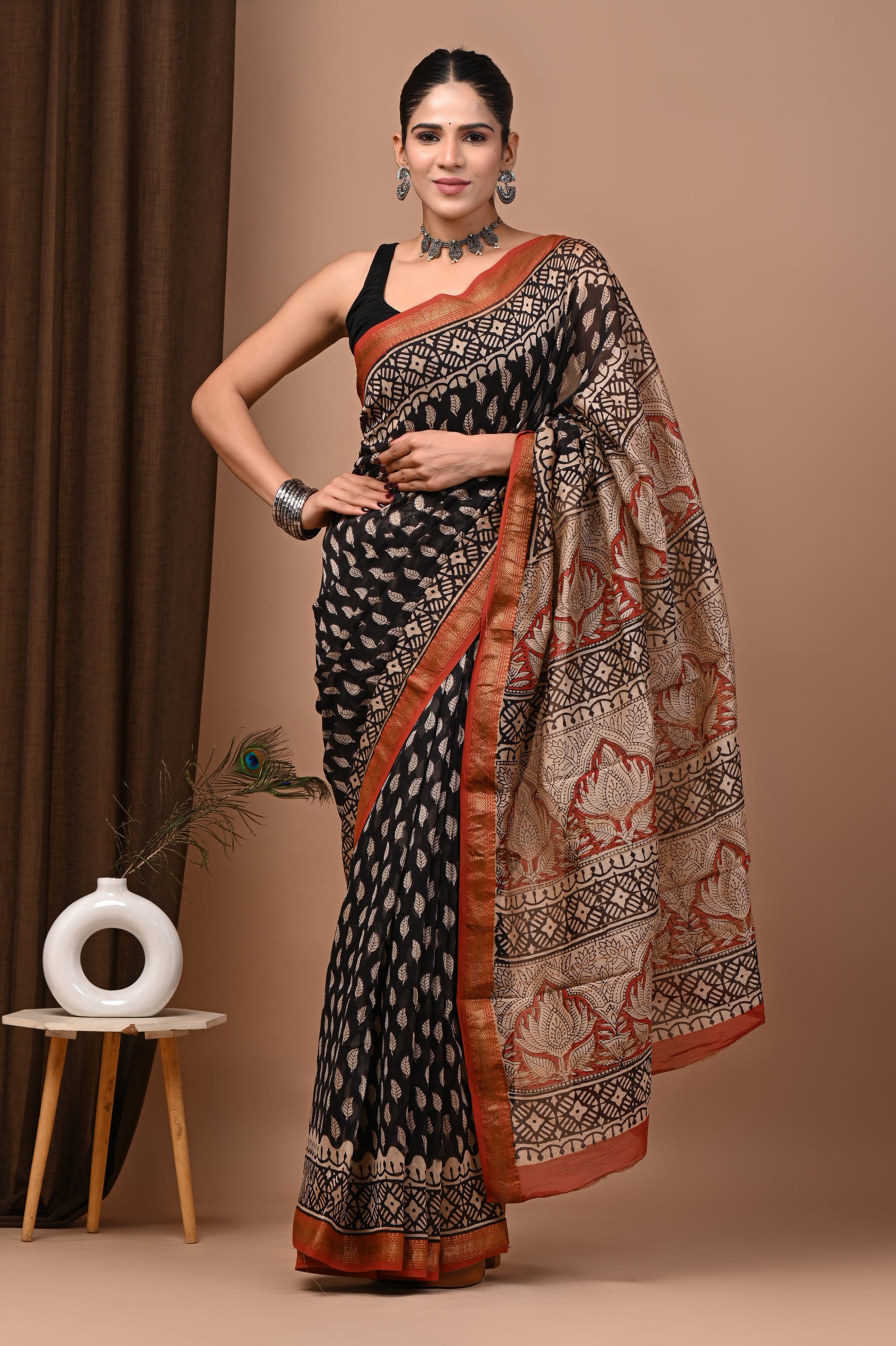 Kaalika – Hand Block Printed Maheshwari Silk Cotton Saree