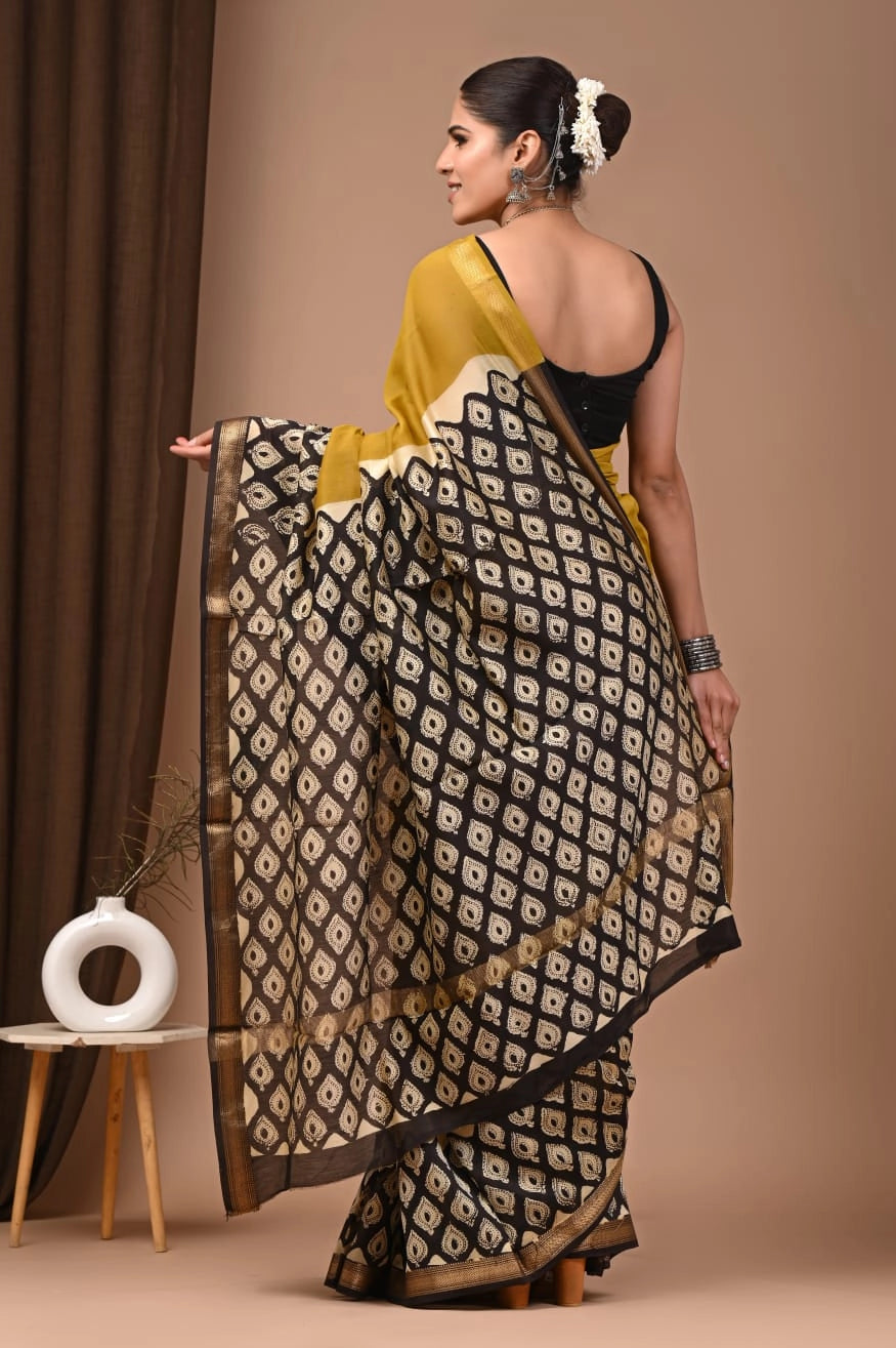 Mustard Noor – Hand Block Printed Maheshwari Silk Cotton Saree