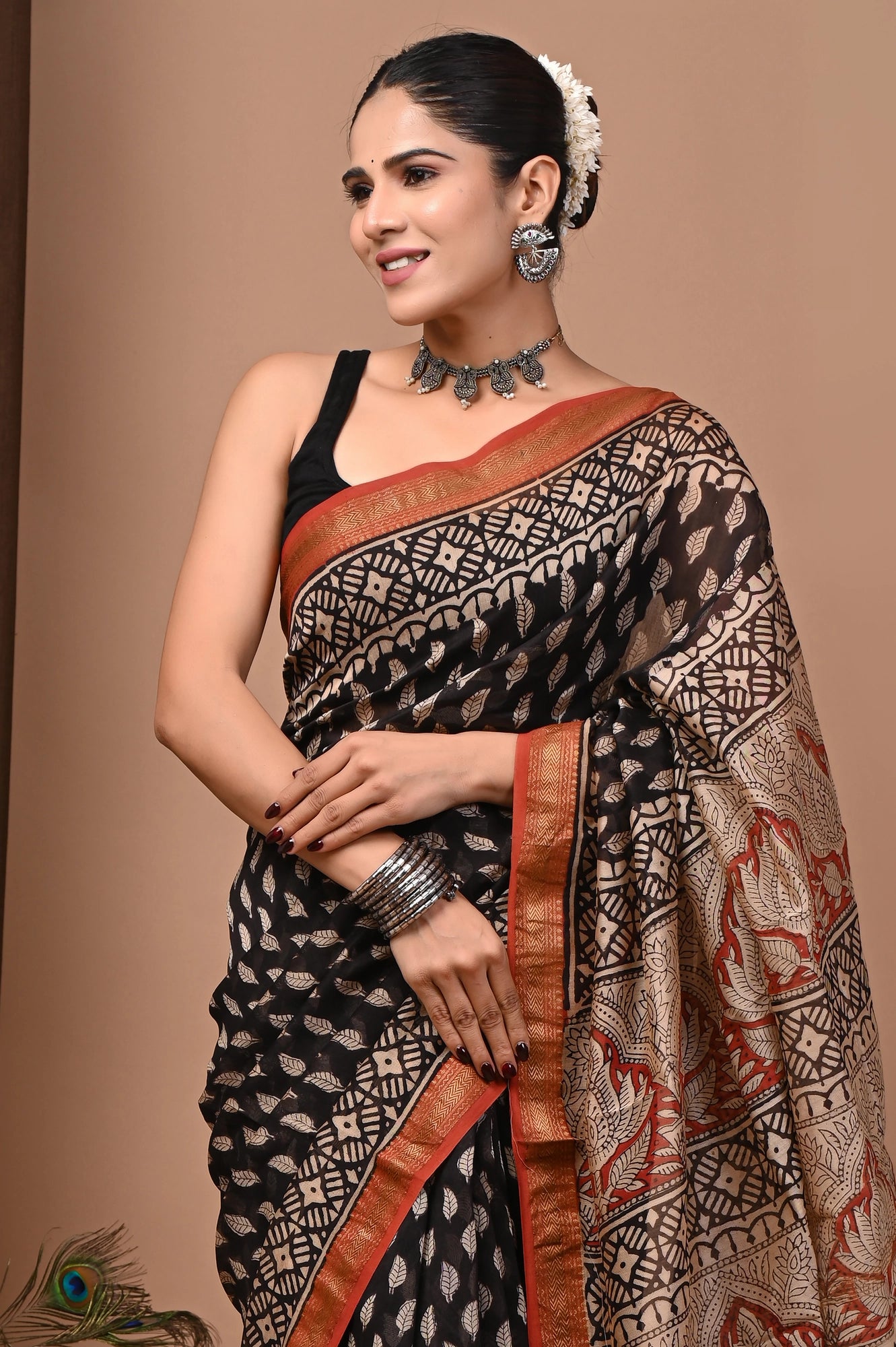 Kaalika – Hand Block Printed Maheshwari Silk Cotton Saree