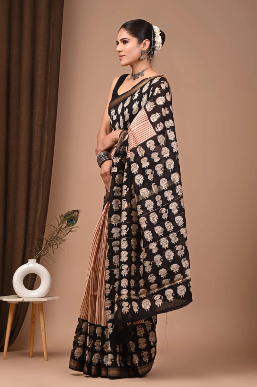 Tamasvi – Hand Block Printed Maheshwari Silk Cotton Saree