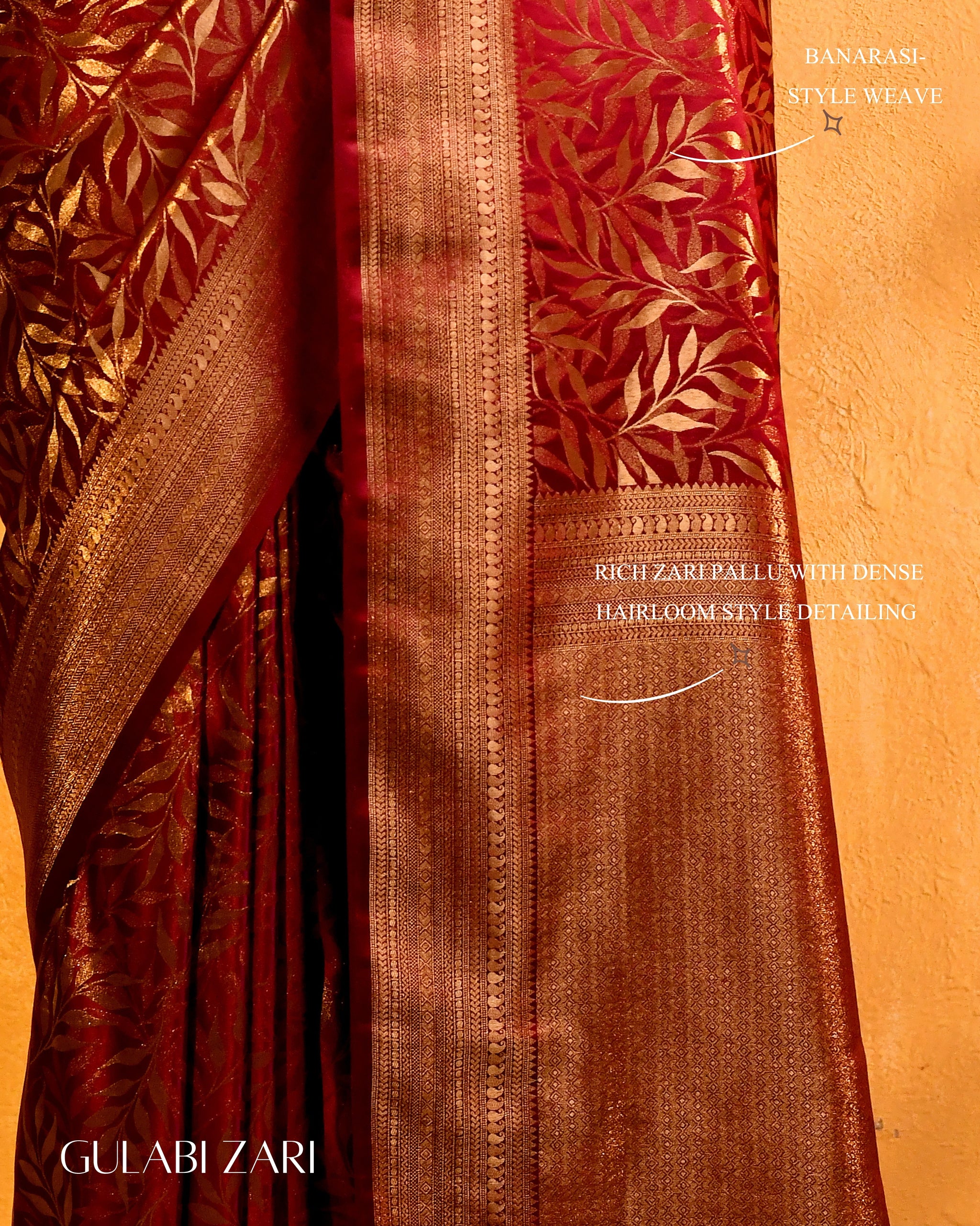 Gulabi Zari Gajji Silk Banarasi | Woven Vine Jaal & Antique - Gold Zari - Ethlore