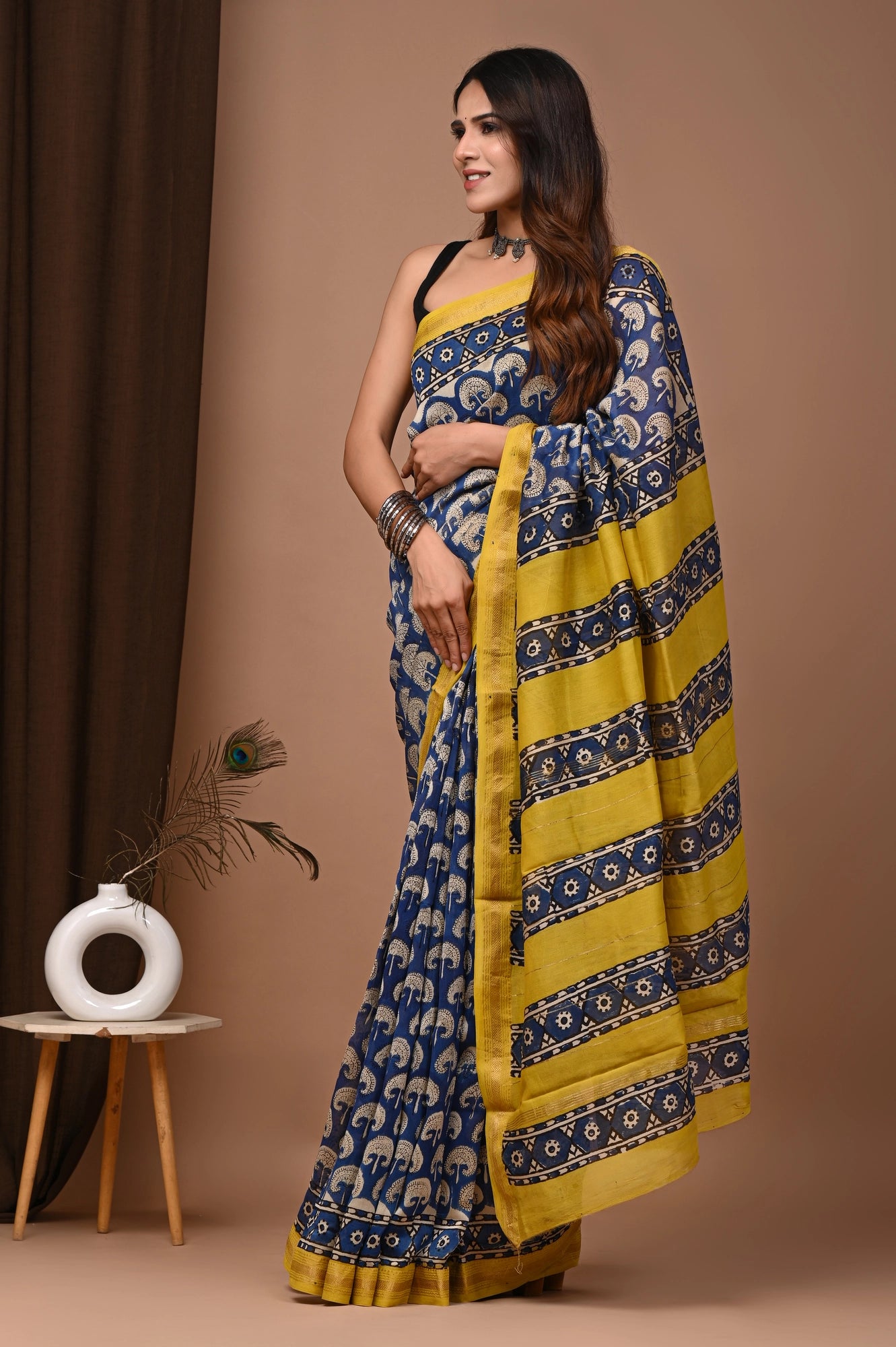 Neel Kamal – Hand Block Printed Maheshwari Silk Cotton Saree