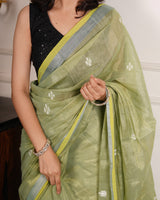 Hariyali Noor – Handwoven Tissue Linen Saree with Jamdani Motifs