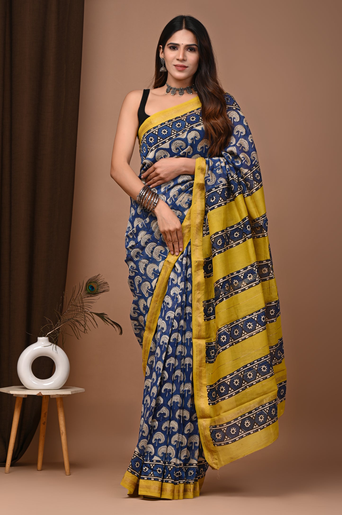 Neel Kamal – Hand Block Printed Maheshwari Silk Cotton Saree