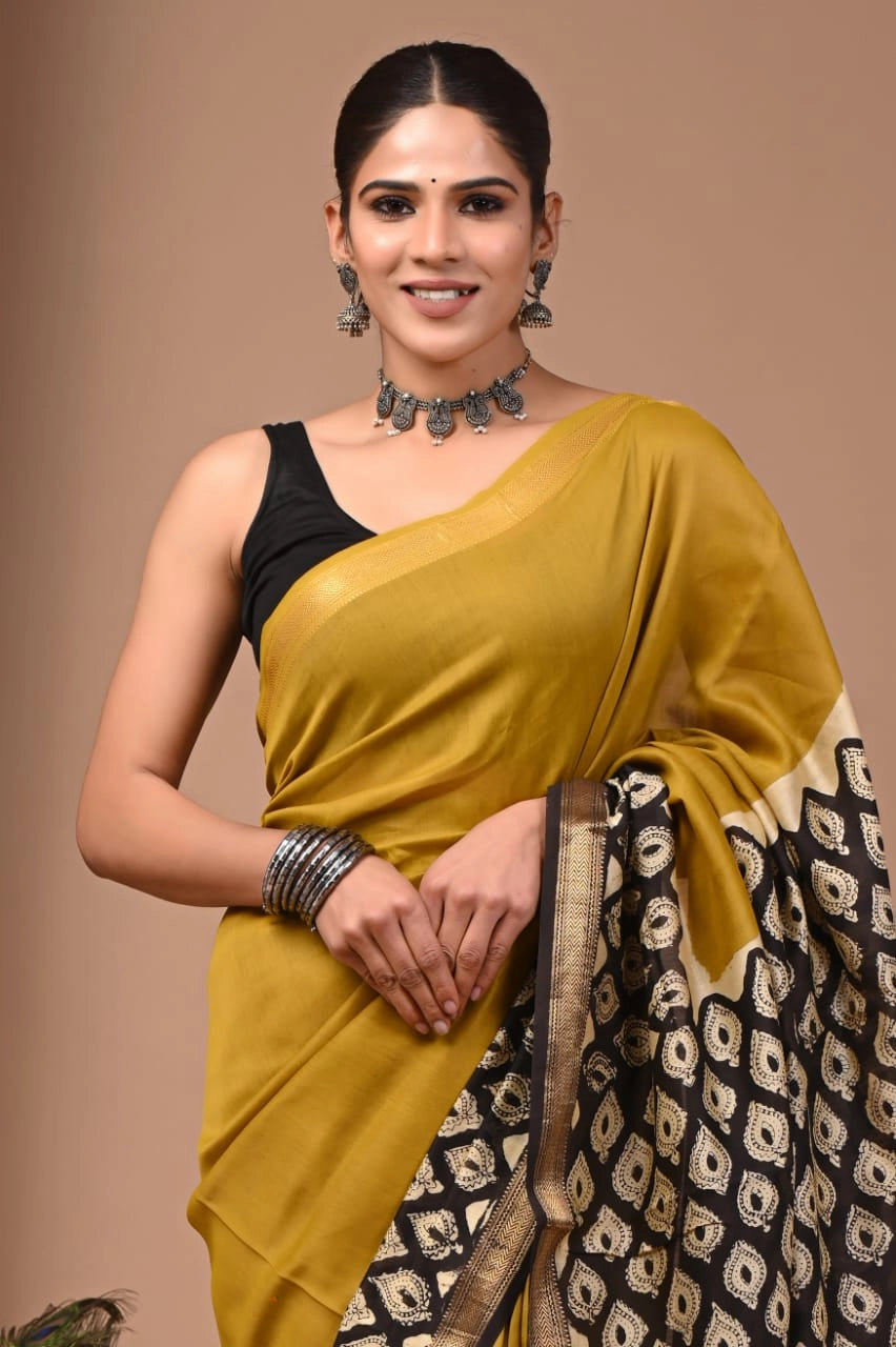 Mustard Noor – Hand Block Printed Maheshwari Silk Cotton Saree