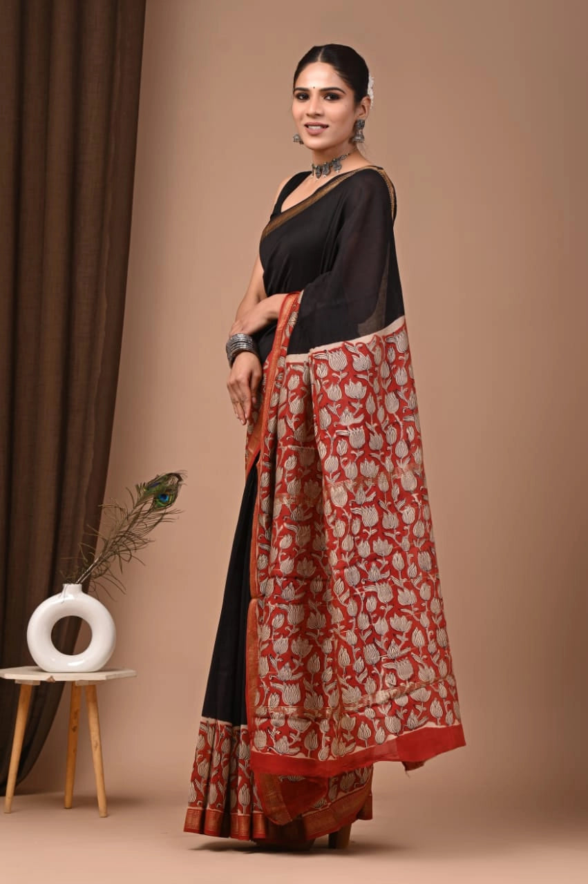 Ratri Kamal – Hand Block Printed Maheshwari Silk Cotton Saree