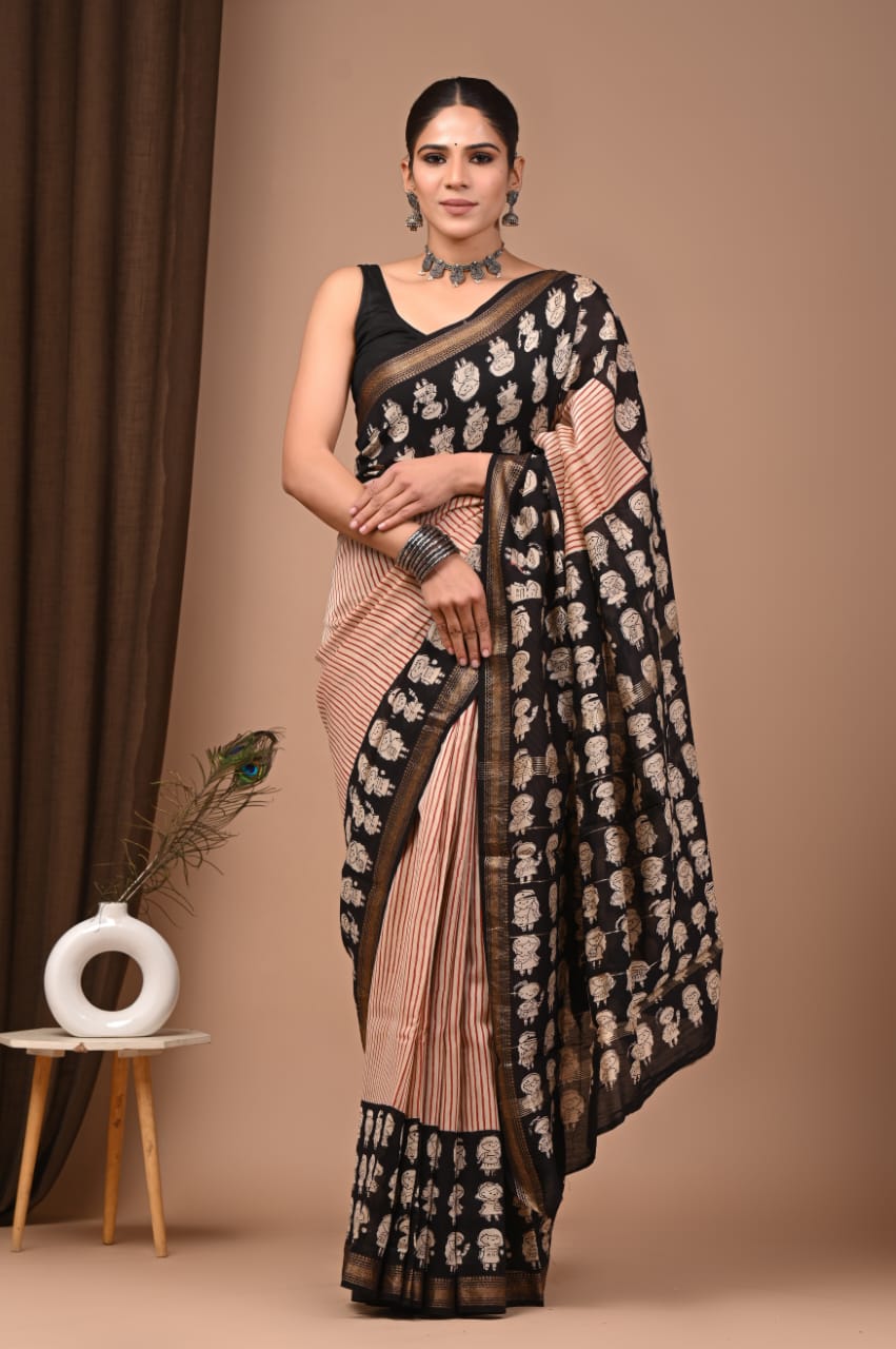 Tamasvi – Hand Block Printed Maheshwari Silk Cotton Saree