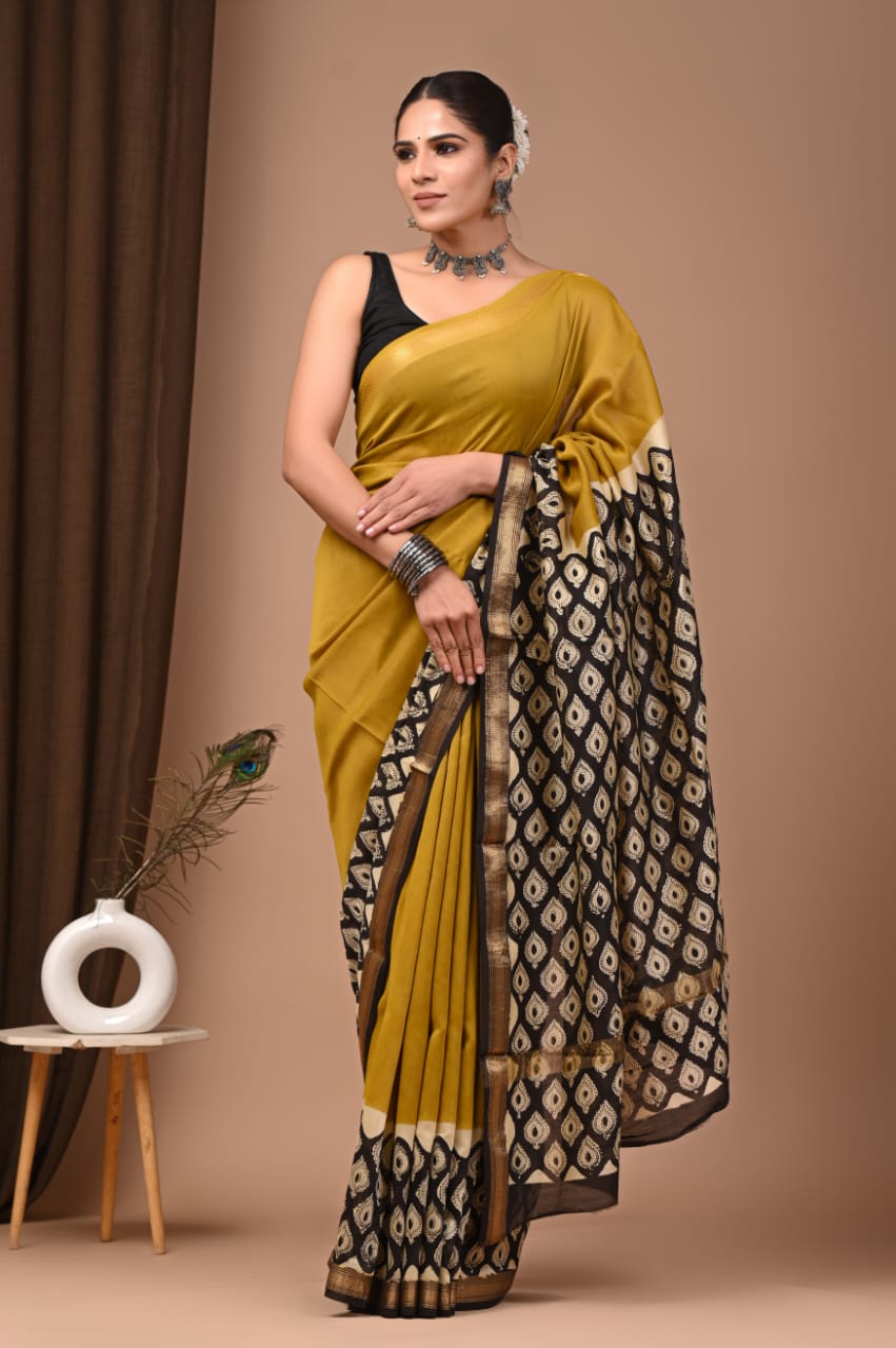 Mustard Noor – Hand Block Printed Maheshwari Silk Cotton Saree