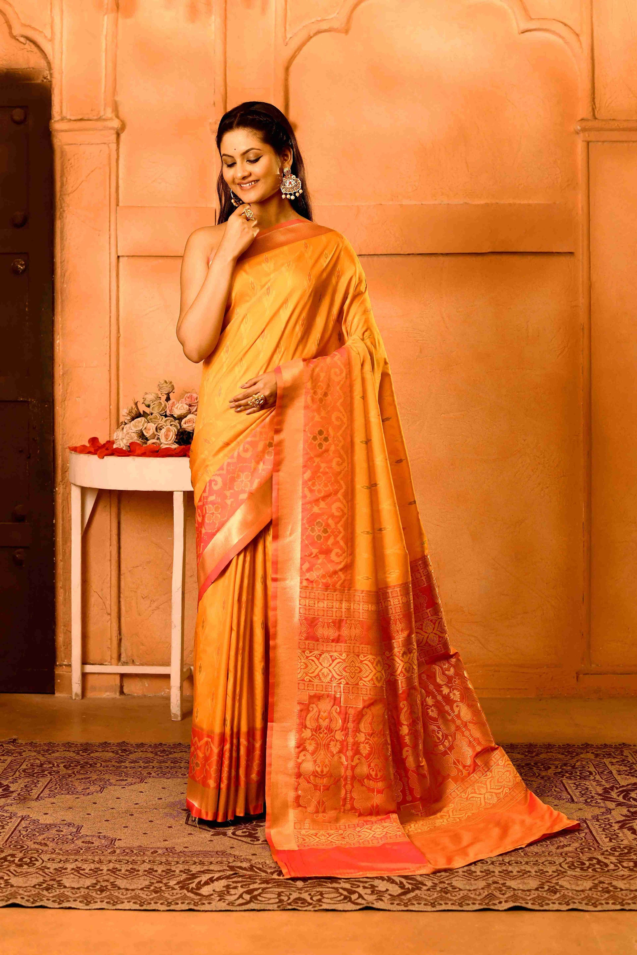 Dhoop Gulabi Semi Blended Silk | Ikat Weave | Dual - Tone Golden Yellow + Coral Peach - Ethlore