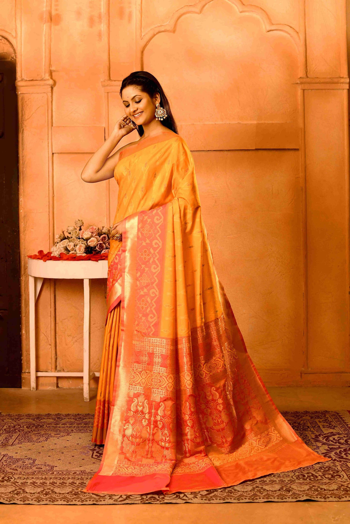 Dhoop Gulabi Semi Blended Silk | Ikat Weave | Dual - Tone Golden Yellow + Coral Peach - Ethlore
