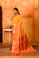 Dhoop Gulabi Semi Blended Silk | Ikat Weave | Dual - Tone Golden Yellow + Coral Peach - Ethlore