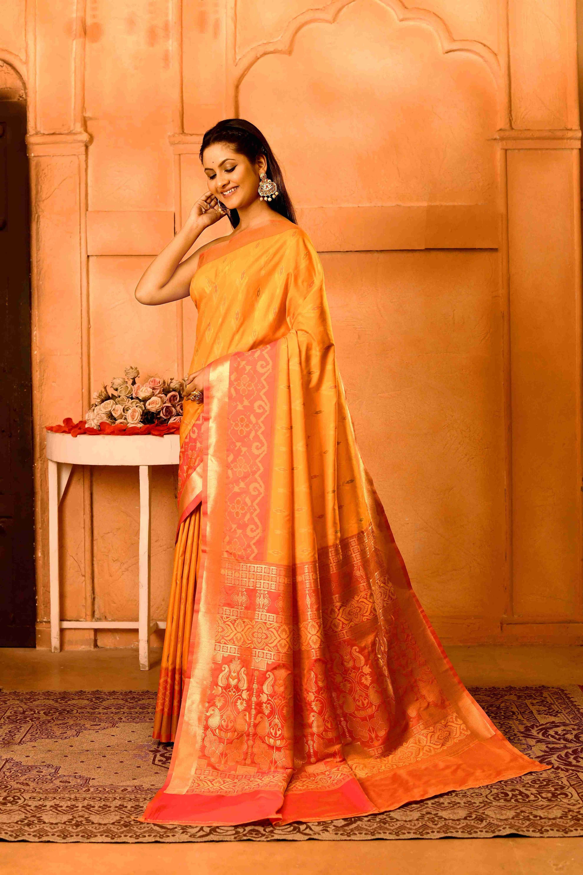 Dhoop Gulabi Semi Blended Silk | Ikat Weave | Dual - Tone Golden Yellow + Coral Peach - Ethlore