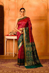 Gulnaar Van Semi Blended Silk | Ikat Weave | Dual - Tone Ruby Red + Bottle Green - Ethlore