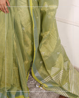 Hariyali Noor – Handwoven Tissue Linen Saree with Jamdani Motifs