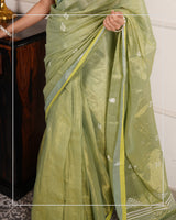 Hariyali Noor – Handwoven Tissue Linen Saree with Jamdani Motifs