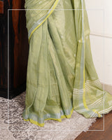 Hariyali Noor – Handwoven Tissue Linen Saree with Jamdani Motifs