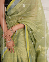 Hariyali Noor – Handwoven Tissue Linen Saree with Jamdani Motifs