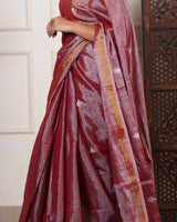 Gulnar Glow – Handwoven Tissue Linen Saree with Jamdani Motifs