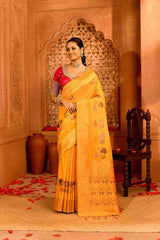 Kanak | Semi Tussar Silk Banarasi  | Geometric Rekha Motifs & Floral Weave