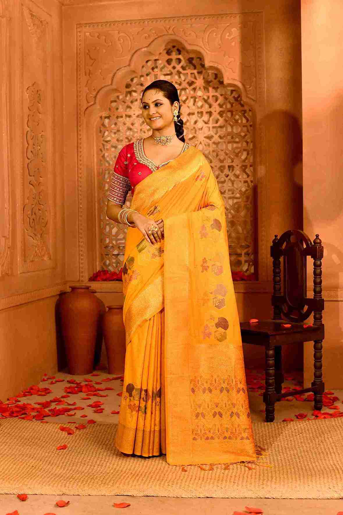 Kanak | Semi Tussar Silk Banarasi  | Geometric Rekha Motifs & Floral Weave