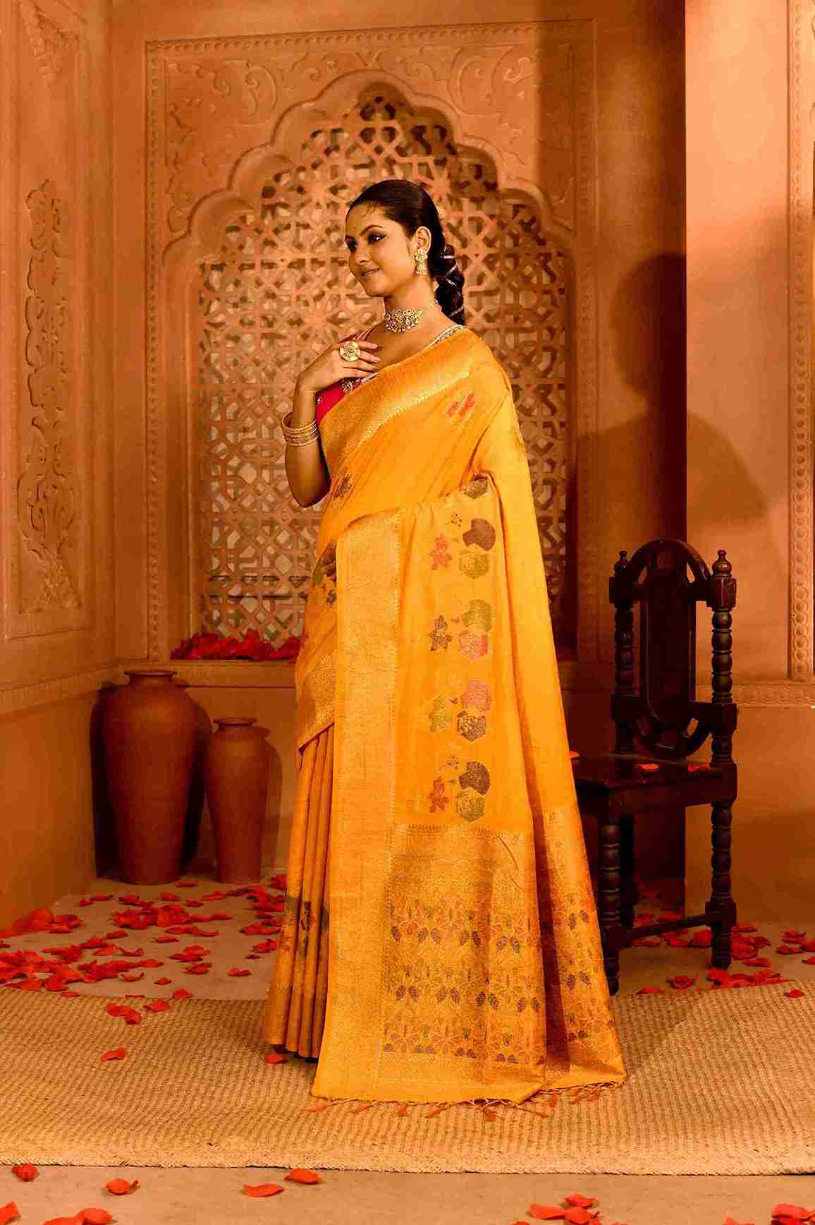 Kanak | Semi Tussar Silk Banarasi  | Geometric Rekha Motifs & Floral Weave