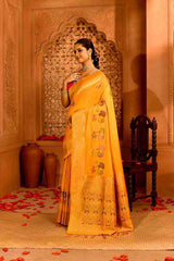 Kanak | Semi Tussar Silk Banarasi  | Geometric Rekha Motifs & Floral Weave