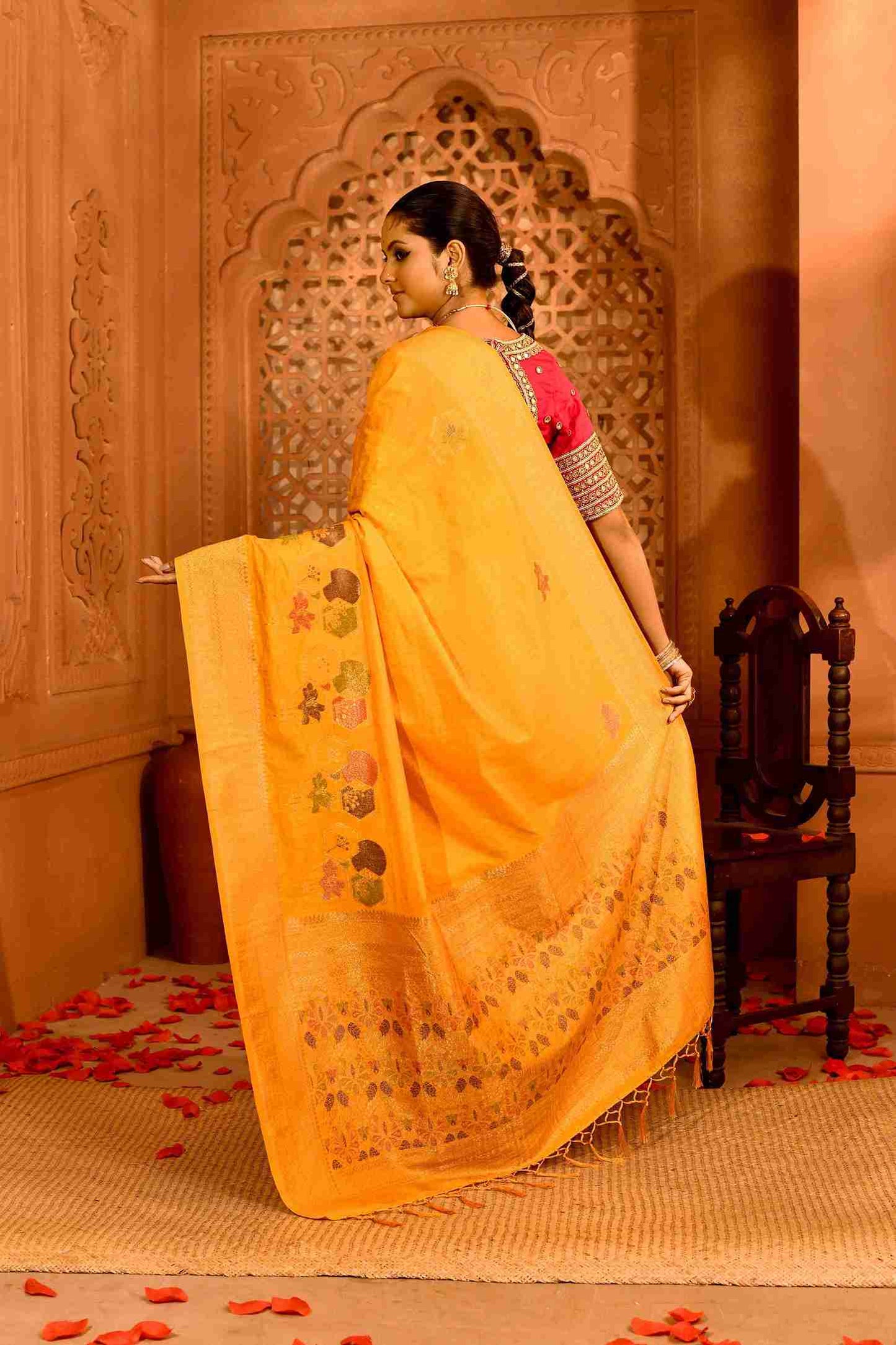 Kanak | Semi Tussar Silk Banarasi  | Geometric Rekha Motifs & Floral Weave