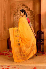 Kanak | Semi Tussar Silk Banarasi  | Geometric Rekha Motifs & Floral Weave