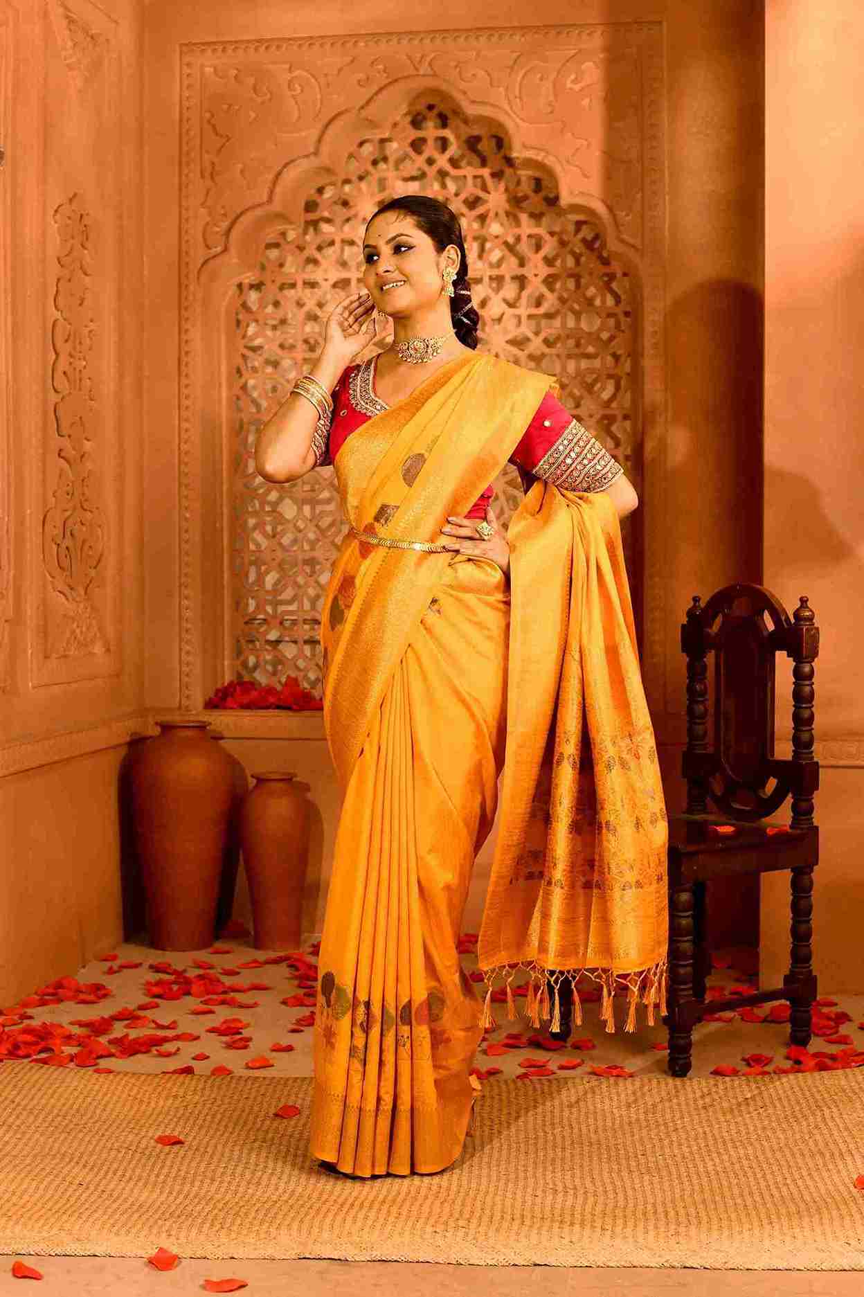 Kanak | Semi Tussar Silk Banarasi  | Geometric Rekha Motifs & Floral Weave