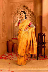 Kanak | Semi Tussar Silk Banarasi  | Geometric Rekha Motifs & Floral Weave