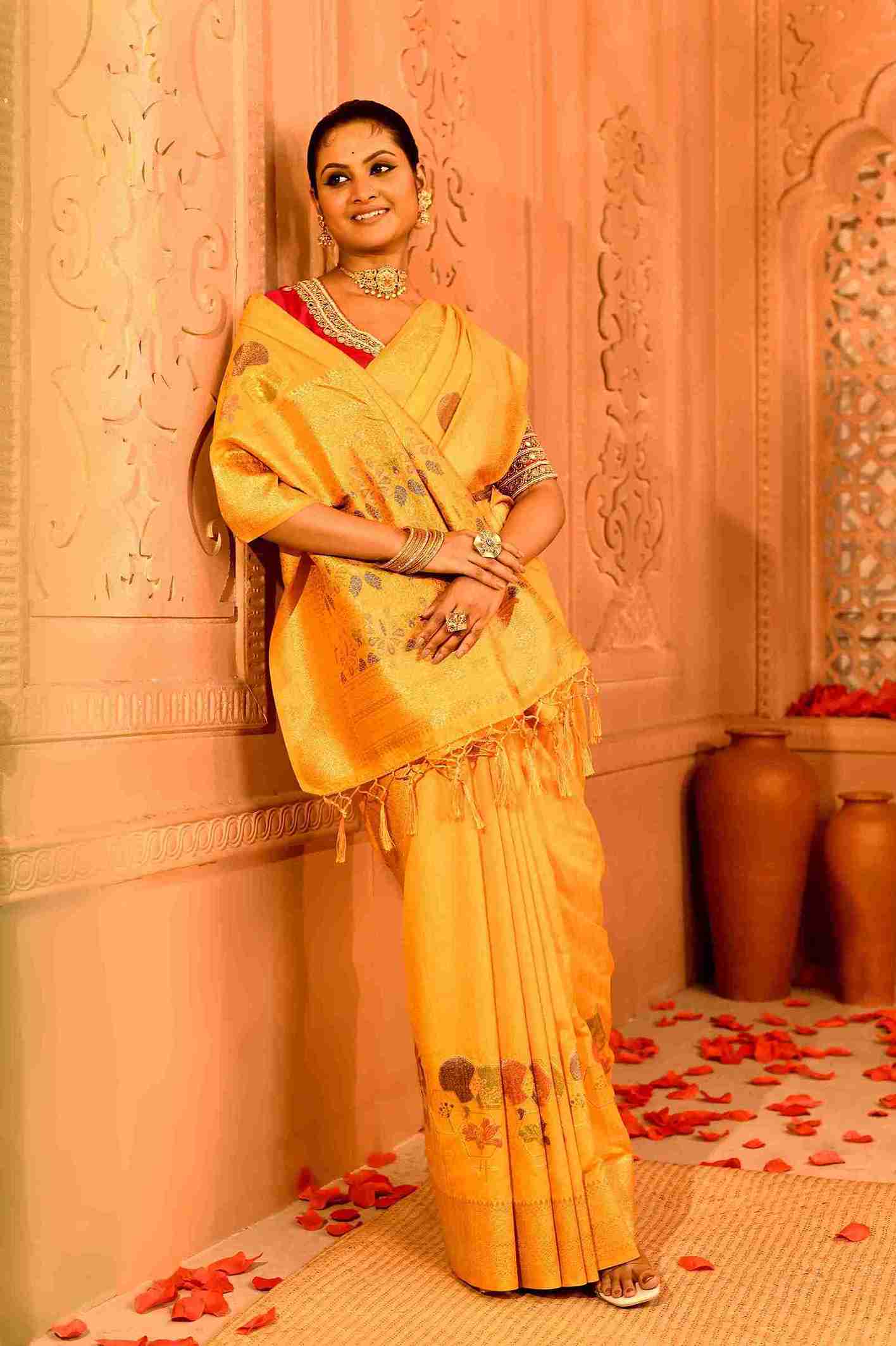 Kanak | Semi Tussar Silk Banarasi  | Geometric Rekha Motifs & Floral Weave