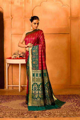 Gulnaar Van Semi Blended Silk | Ikat Weave | Dual - Tone Ruby Red + Bottle Green - Ethlore