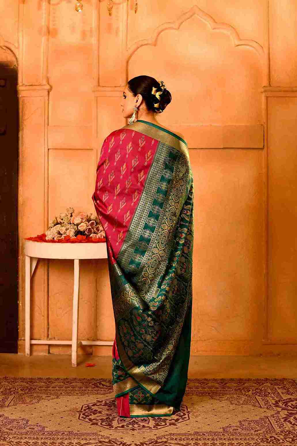 Gulnaar Van Semi Blended Silk | Ikat Weave | Dual - Tone Ruby Red + Bottle Green - Ethlore