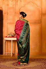 Gulnaar Van Semi Blended Silk | Ikat Weave | Dual - Tone Ruby Red + Bottle Green - Ethlore