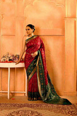 Gulnaar Van Semi Blended Silk | Ikat Weave | Dual - Tone Ruby Red + Bottle Green - Ethlore