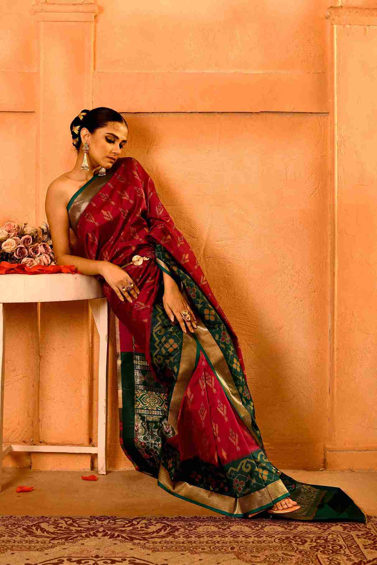Gulnaar Van Semi Blended Silk | Ikat Weave | Dual - Tone Ruby Red + Bottle Green - Ethlore