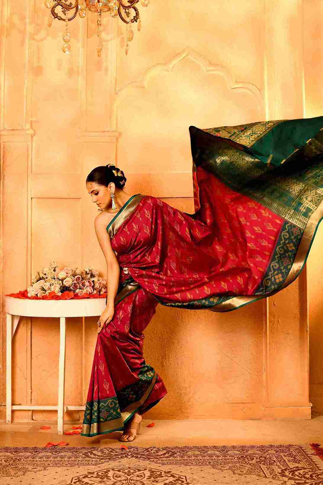 Gulnaar Van Semi Blended Silk | Ikat Weave | Dual - Tone Ruby Red + Bottle Green - Ethlore