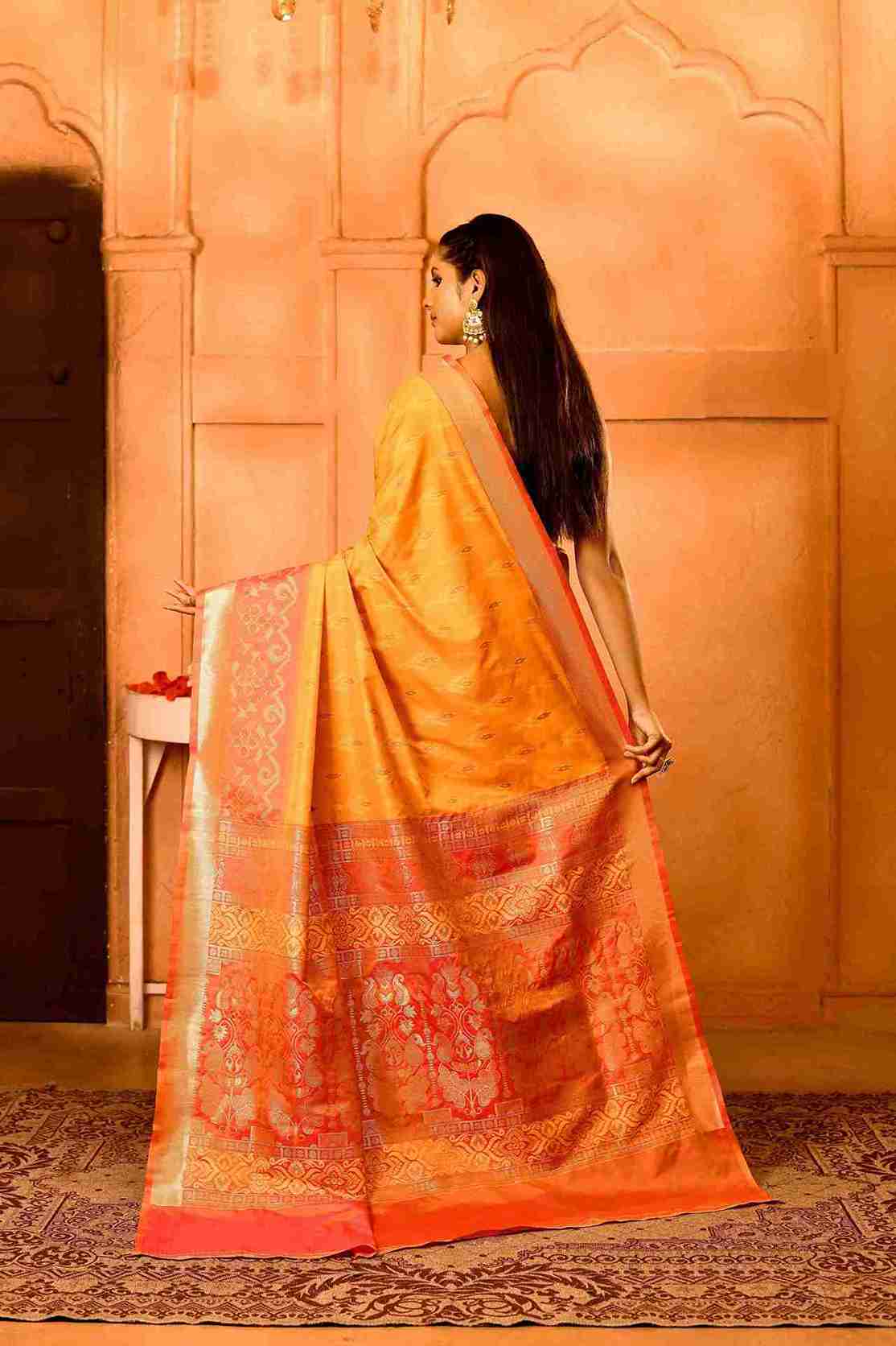 Dhoop Gulabi Semi Blended Silk | Ikat Weave | Dual - Tone Golden Yellow + Coral Peach - Ethlore