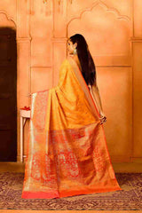 Dhoop Gulabi Semi Blended Silk | Ikat Weave | Dual - Tone Golden Yellow + Coral Peach - Ethlore
