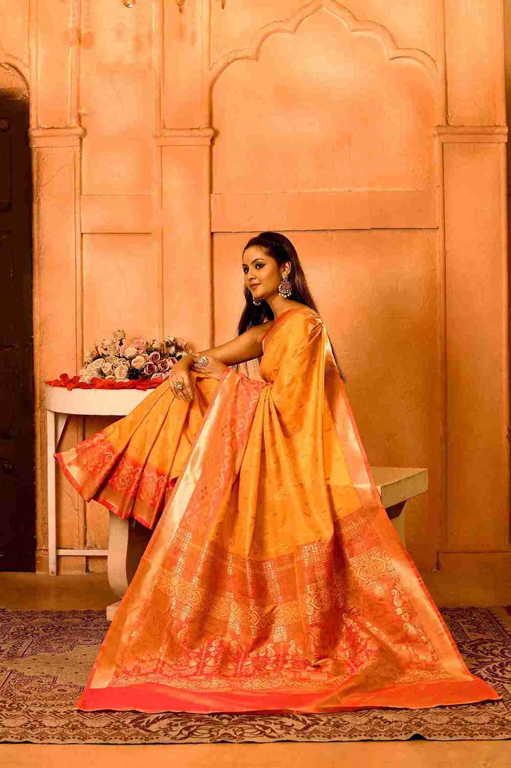 Dhoop Gulabi Semi Blended Silk | Ikat Weave | Dual - Tone Golden Yellow + Coral Peach - Ethlore