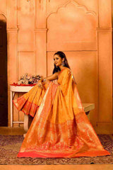 Dhoop Gulabi Semi Blended Silk | Ikat Weave | Dual - Tone Golden Yellow + Coral Peach - Ethlore