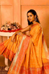 Dhoop Gulabi Semi Blended Silk | Ikat Weave | Dual - Tone Golden Yellow + Coral Peach - Ethlore