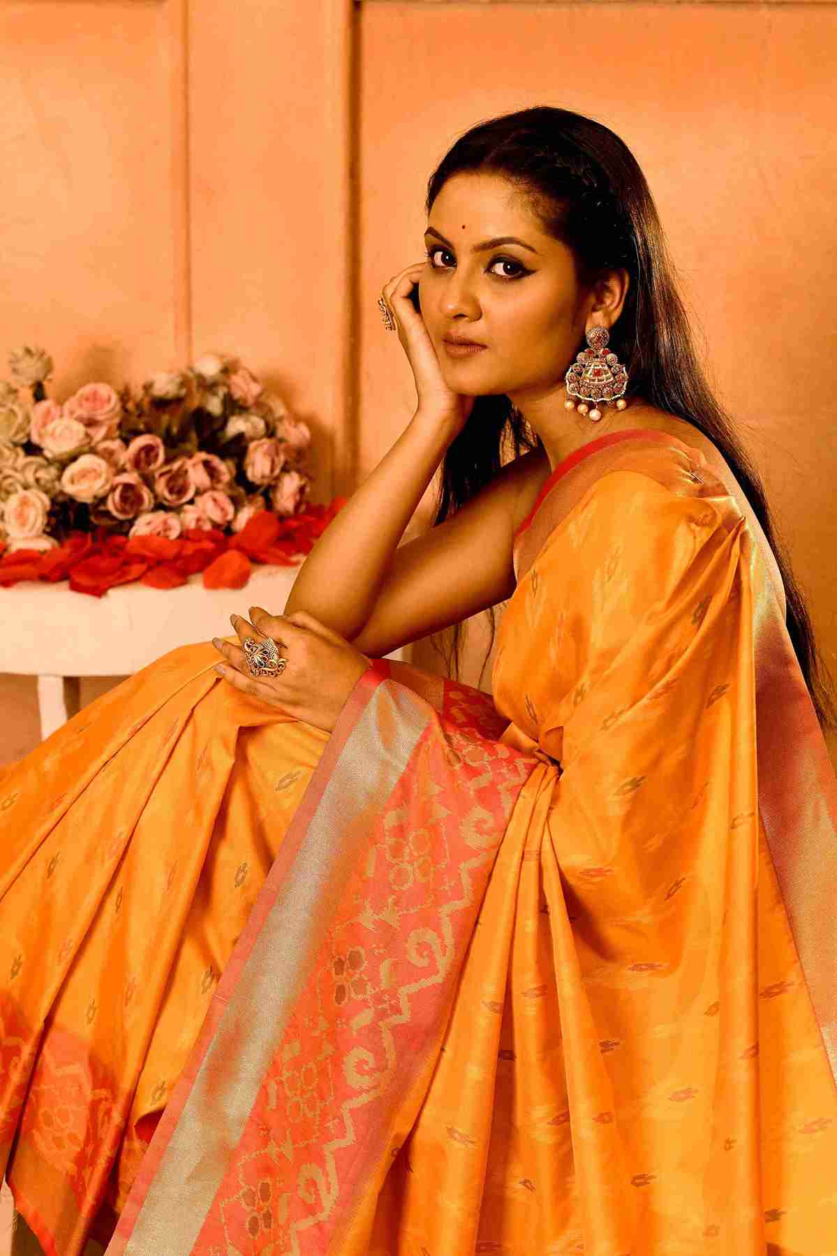 Dhoop Gulabi Semi Blended Silk | Ikat Weave | Dual - Tone Golden Yellow + Coral Peach - Ethlore