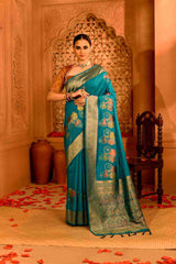 Rajneel Semi Tussar Silk Banarasi  | Geometric Rekha Motifs & Floral Weave