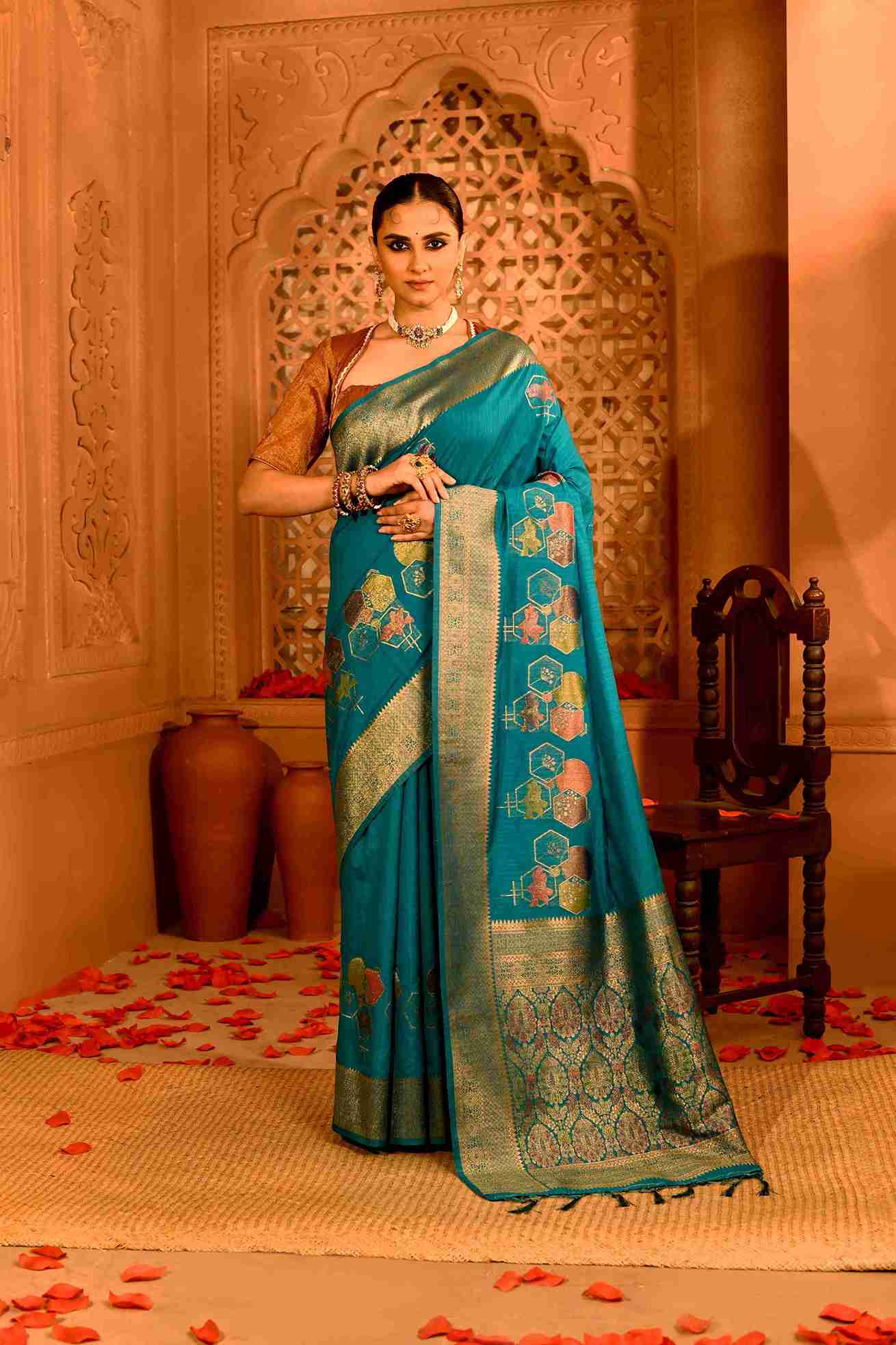 Rajneel Semi Tussar Silk Banarasi  | Geometric Rekha Motifs & Floral Weave