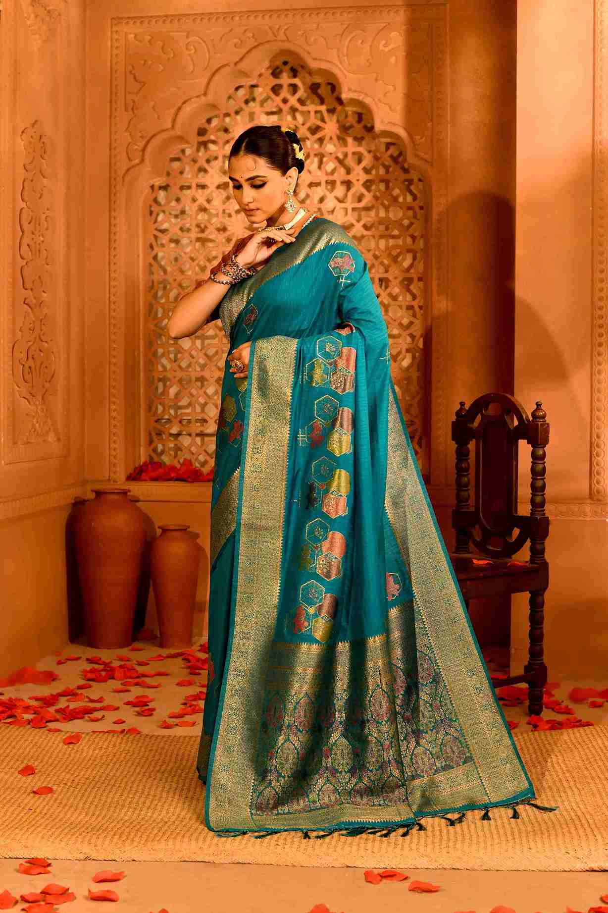Rajneel Semi Tussar Silk Banarasi  | Geometric Rekha Motifs & Floral Weave